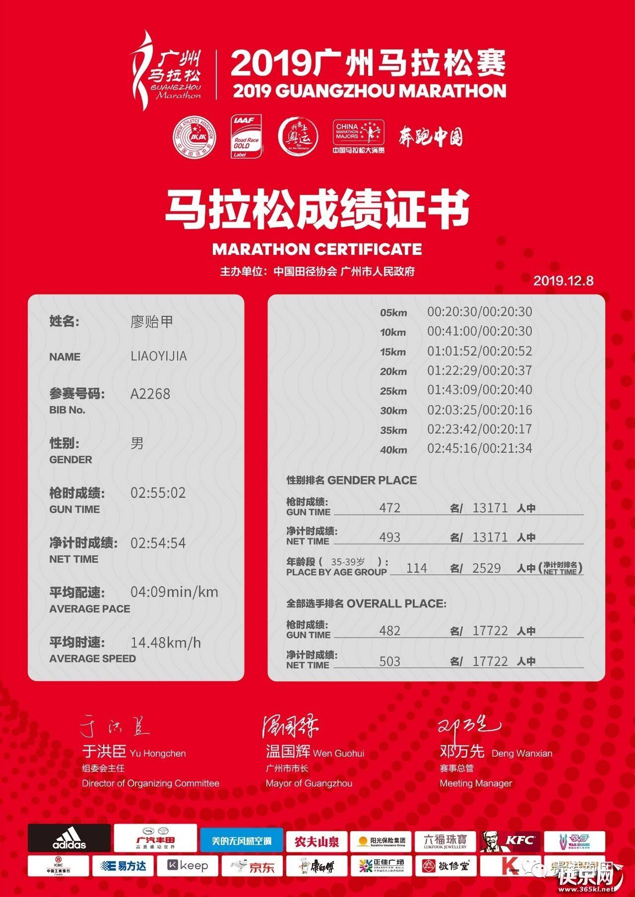 02:54:54,贵港跑团成员甲哥用好成绩完赛2019广州马拉松